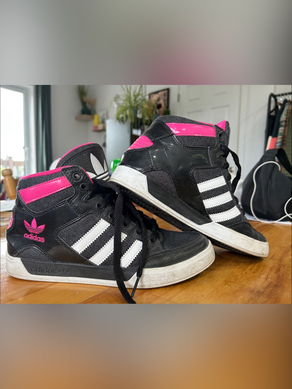 Adidas Court Attitude Black & Hot Pink High-Top Sneakers with White Stripes